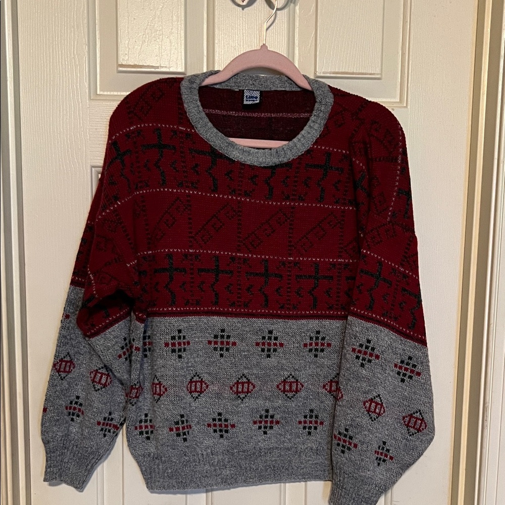 Vintage 80s LUPO UMO Red and Gray Patterned ski Sweater wool VINTAGE GRANDPA